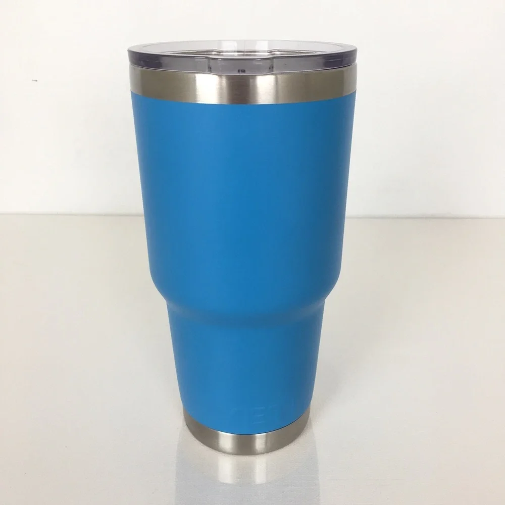 YETI Stainless Steel Tumbler Coffee Cup Blue With Clear Lid Travel